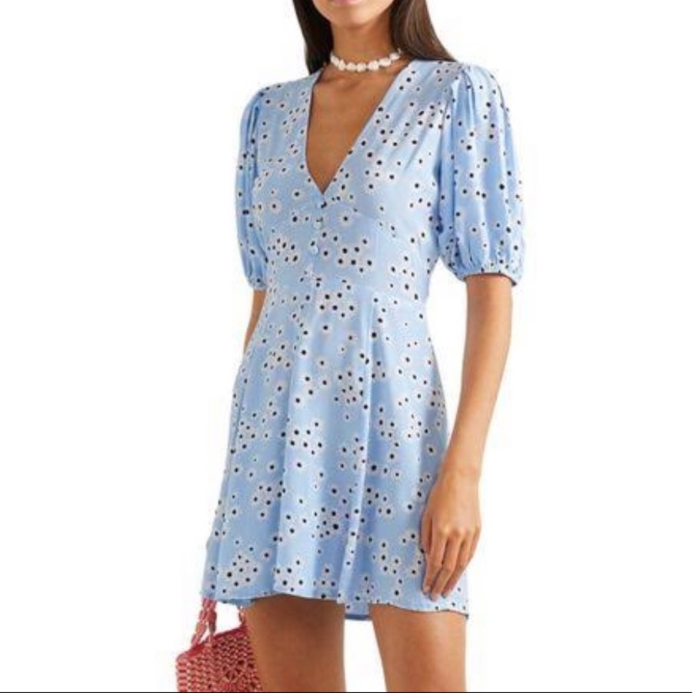 FAITHFULL THE BRAND Sky Blue Floral Puff Sleeve Dress - Like New